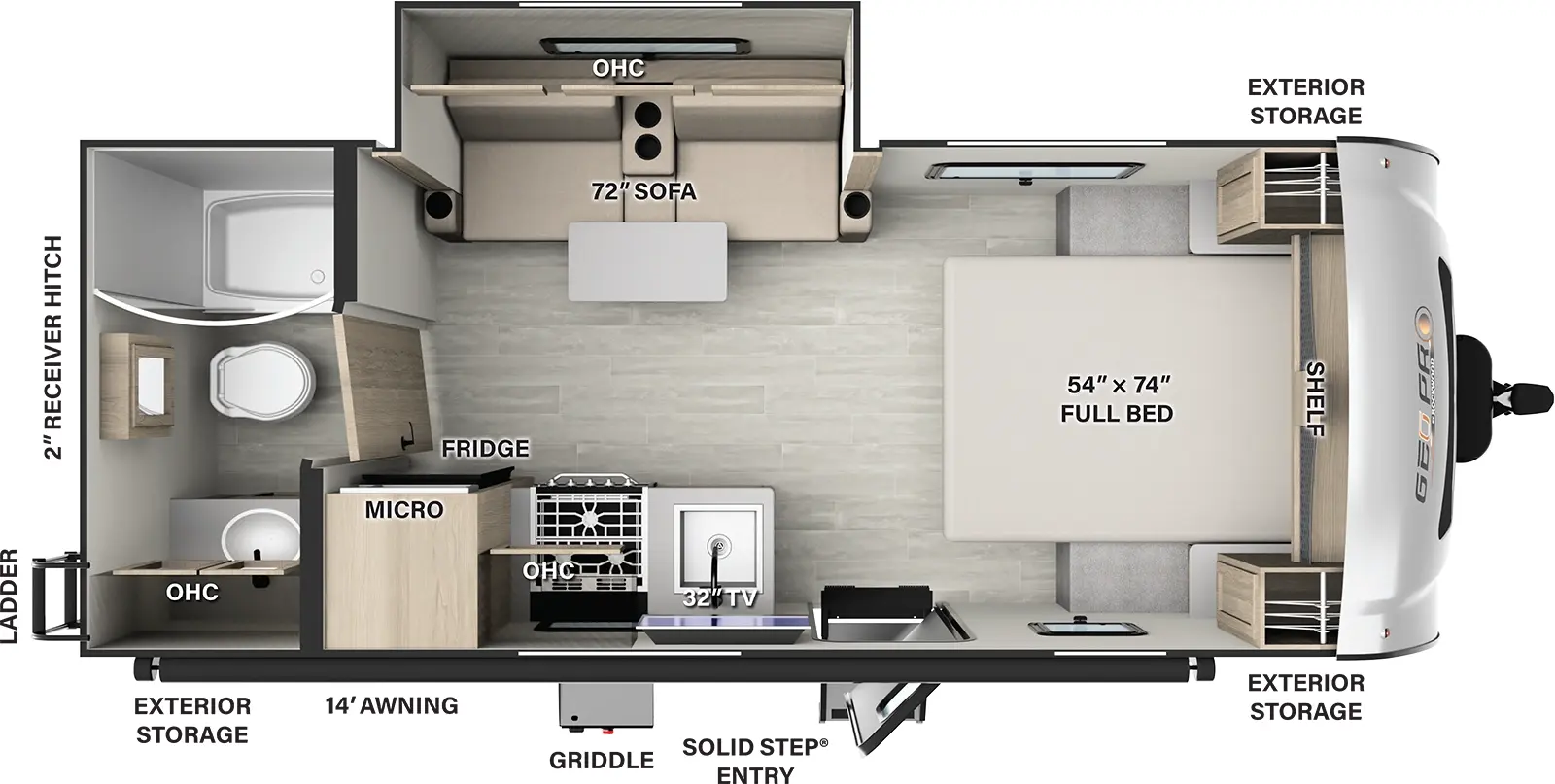 The G20FBS has 1 slide out and 1 entry. Exterior features storage, ladder, 2 inch receiver hitch, solid step entry, griddle, and a 14 foot awning. Interior layout front to back: foot-facing full bed with shelf above; off-door side slide out with sofa, table and overhead cabinet; door side entry, kitchen counter with sink, overhead cabinet, microwave and refrigerator; rear full bathroom with overhead cabinet.